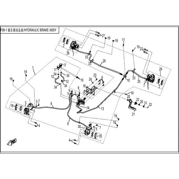 An Image of a Genuine CFMOTO Parts Schematic Diagram showing the schematic - HYDRAULIC BRAKE ASSY - 2016 CFMOTO ZFORCE 800 EX