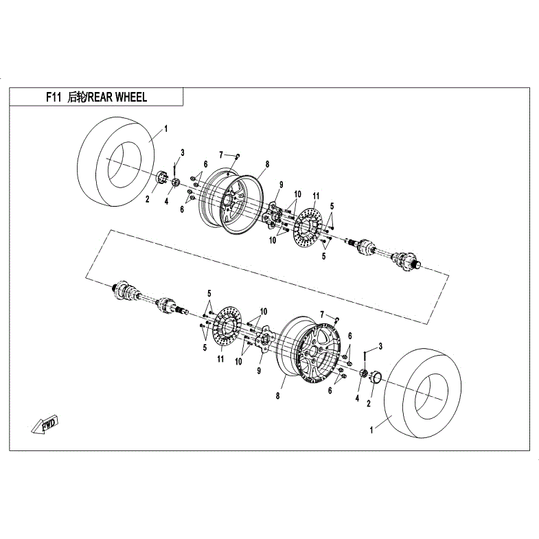 An Image of a Genuine CFMOTO Parts Schematic Diagram showing the schematic - REAR WHEEL - 2018 CFMOTO ZFORCE 800 Trail