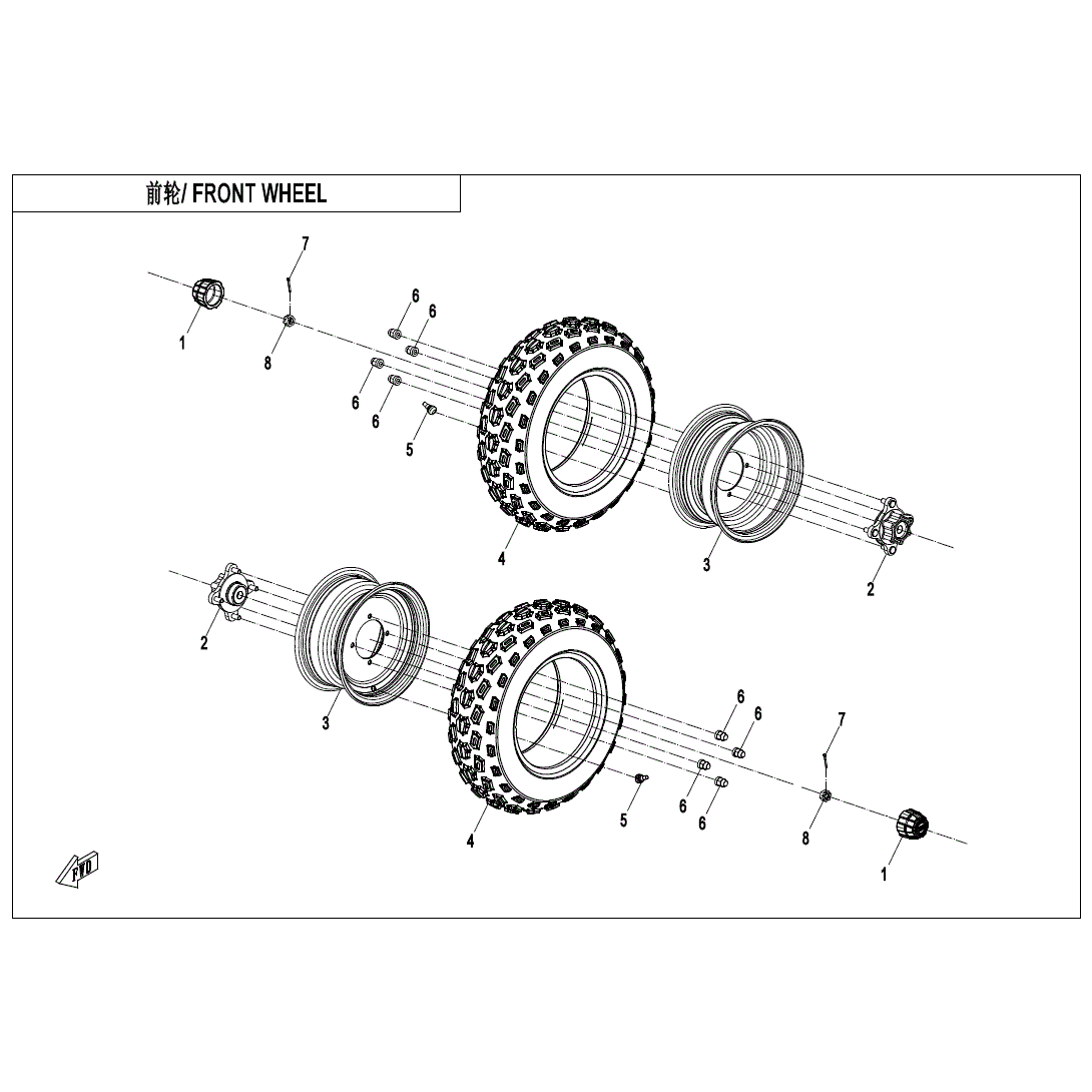 An Image of a genuine CFMOTO Parts Schematic Diagram showing the group - FRONT WHEEL - 2024 CFMOTO CFORCE EV110