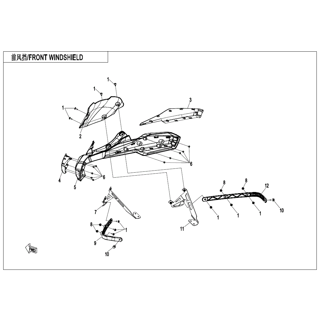 An Image of a genuine CFMOTO Parts Schematic Diagram showing the group - FRONT WINDSHIELD(OVERLAND) - 2024 CFMOTO CFORCE 1000
