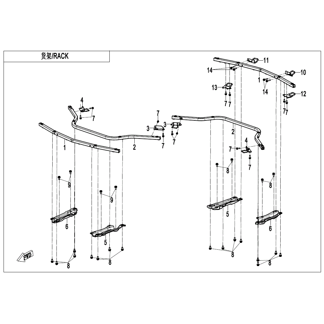 An Image of a genuine CFMOTO Parts Schematic Diagram showing the group - RACK (THREE BOXES) - 2025 CFMOTO CFORCE 1000 OVERLAND