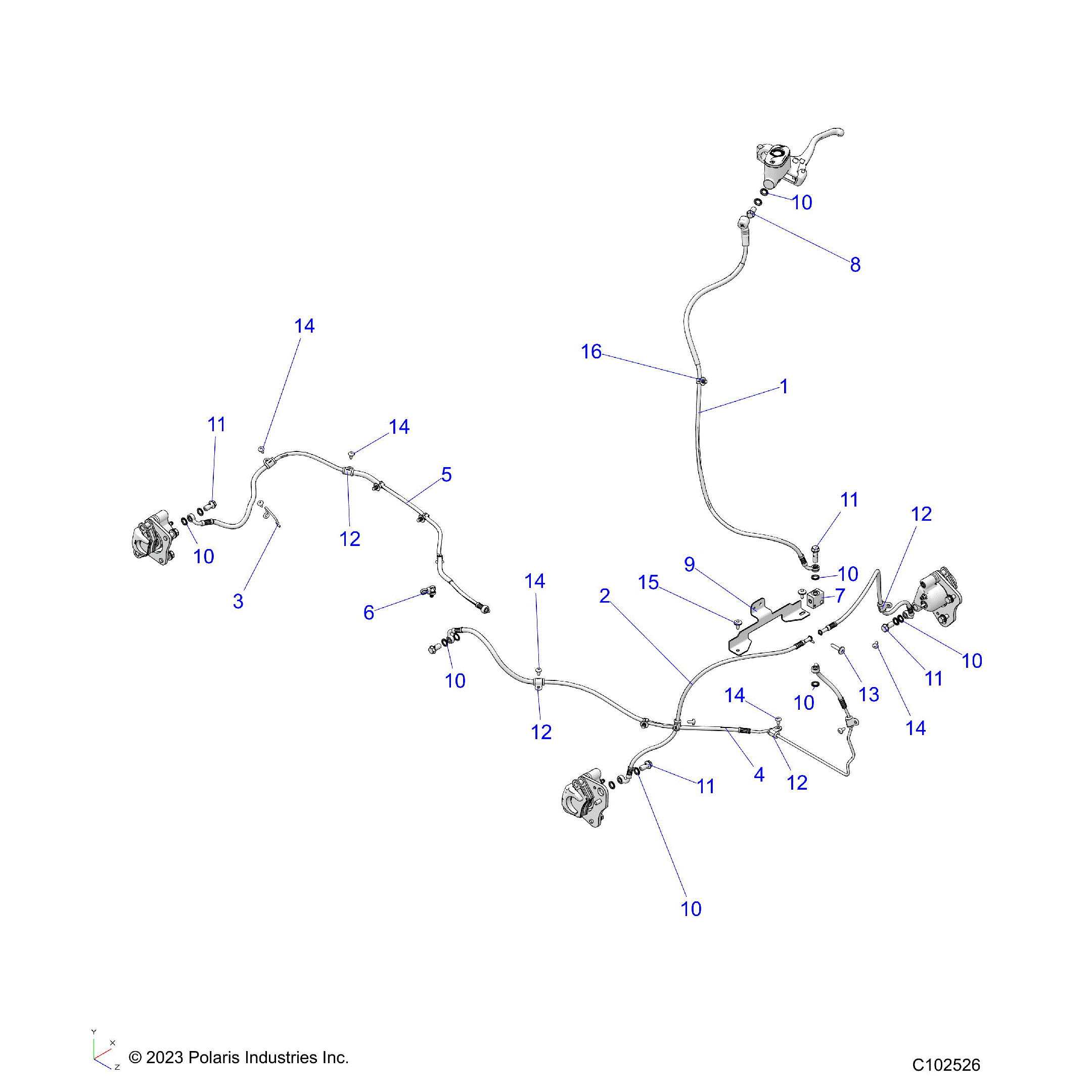 An Image of a Genuine Polaris Parts Schematic Diagram showing the schematic - BRAKES: BRAKE LINES - 2023 POLARIS SPORTSMAN 570