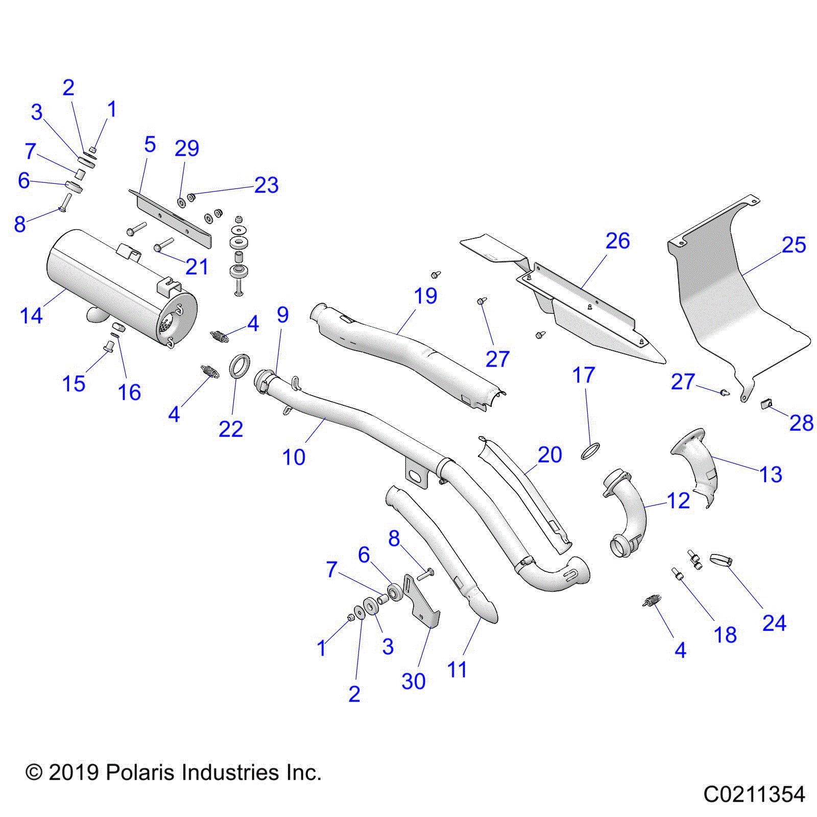 An Image of a Genuine Polaris Parts Schematic Diagram showing the schematic - ENGINE: EXHAUST - 2022 POLARIS SPORTSMAN TOURING 570 EPS