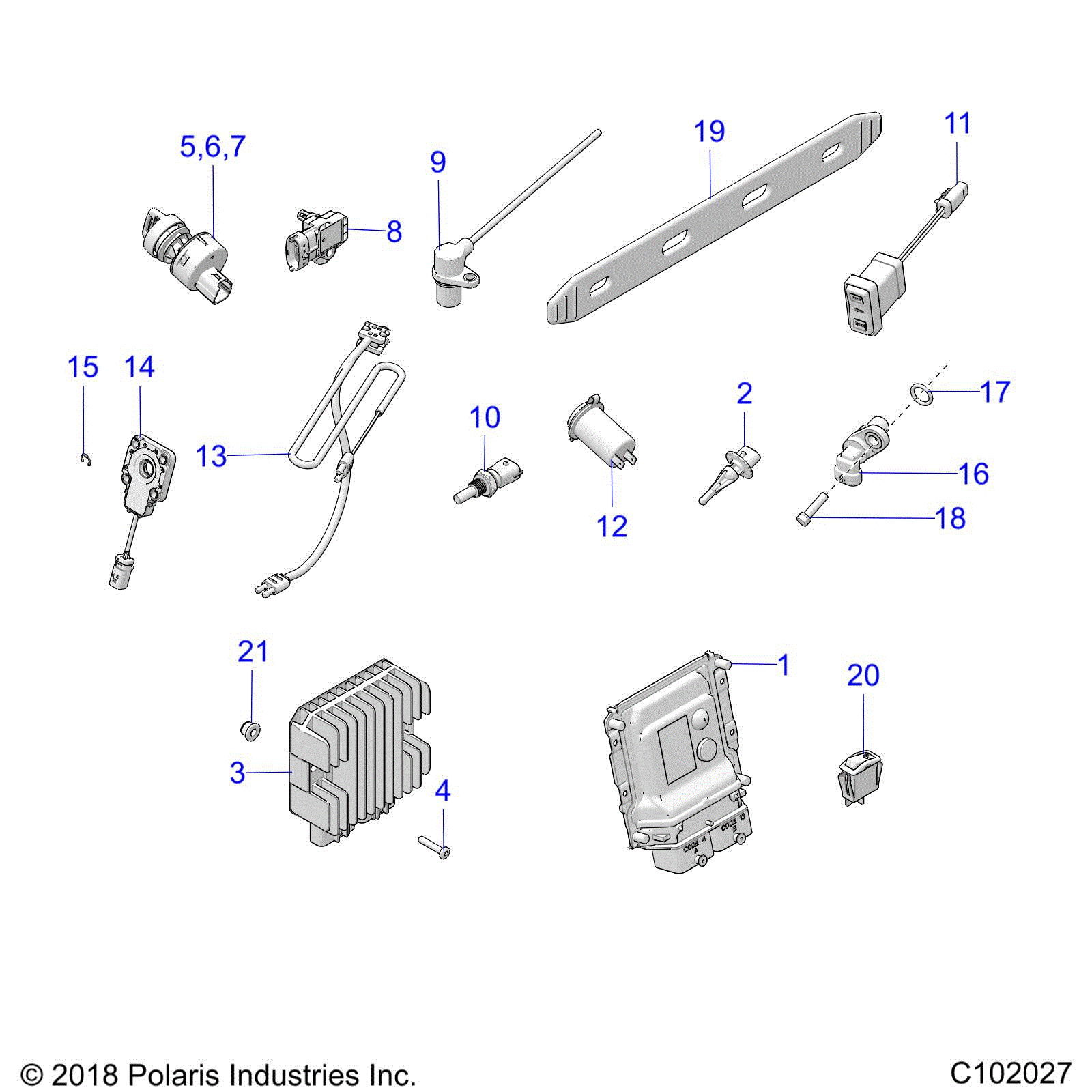 An Image of a Genuine Polaris Parts Schematic Diagram showing the schematic - ELECTRICAL: SWITCHES SENSORS ECU and CONTROL MODULES - 2019 POLARIS SPORTSMAN 1000 XP 48