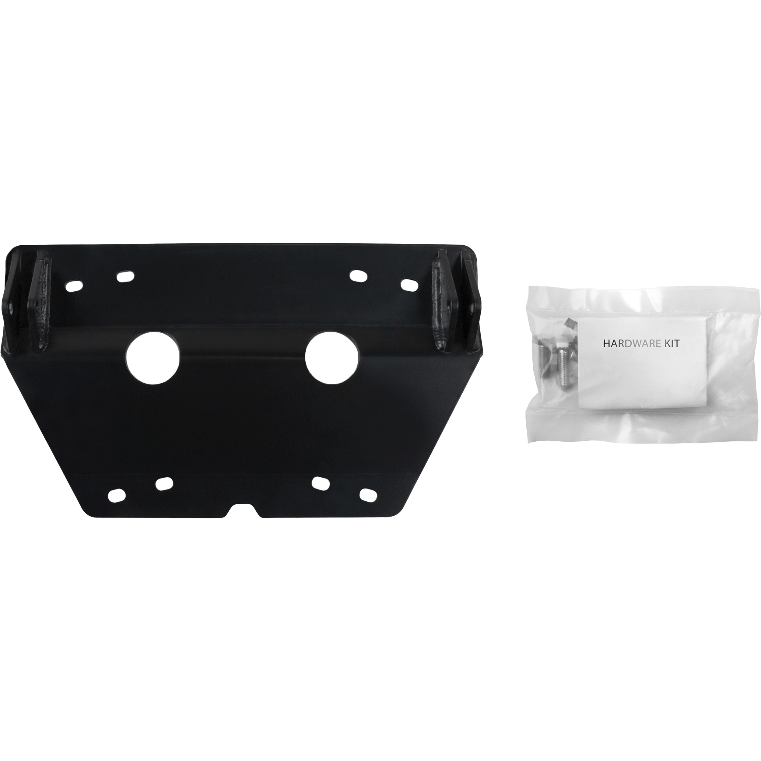 The ATV Plow Mount by Open Trail includes a black metal bracket with multiple holes and a hardware kit of small screws and fasteners in a labeled plastic bag.