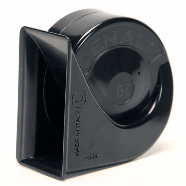 A black, snail-shaped Denali SoundBomb™ horn with a rectangular opening and MADE IN ITALY engraved—compact and perfect for motorcycles.