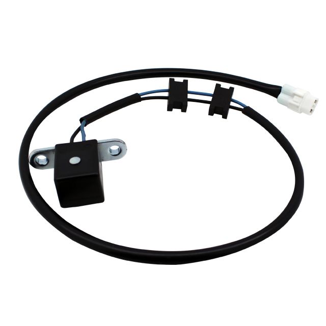The Kawasaki Bayou/Prairie Pickup Coil by Bronco is a black electronic sensor with a wire and white connector, small rectangular body with side mounting holes—perfect as an OEM replacement ignition pickup coil for ATVs/UTVs.