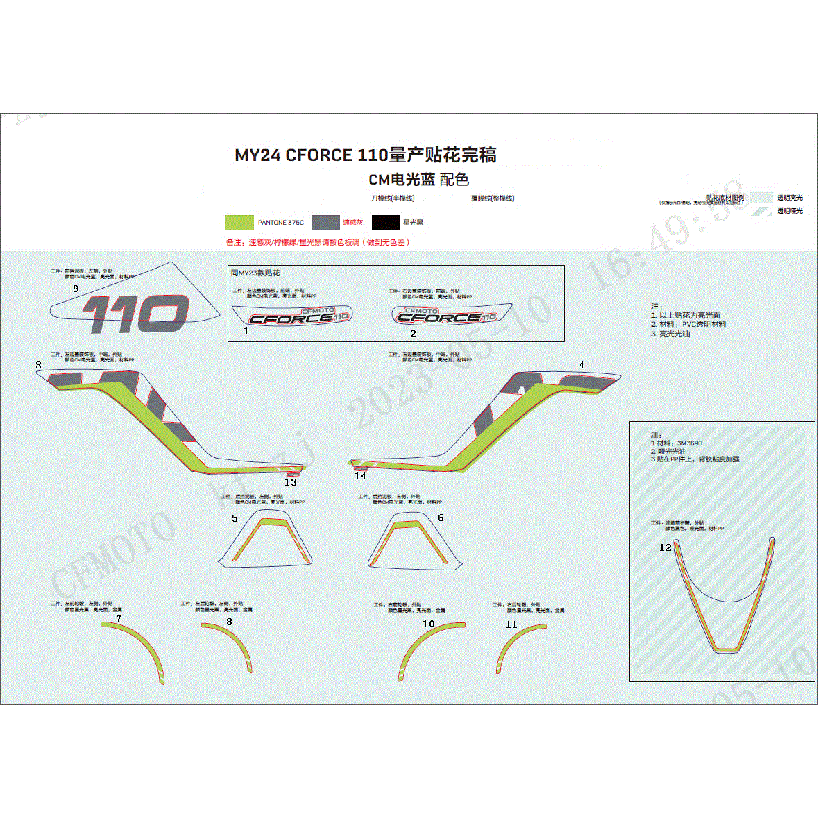 An Image of a genuine CFMOTO Parts Schematic Diagram showing the group - DECAL KITS(BAJA BLUE) - 2024 CFMOTO CFORCE 110