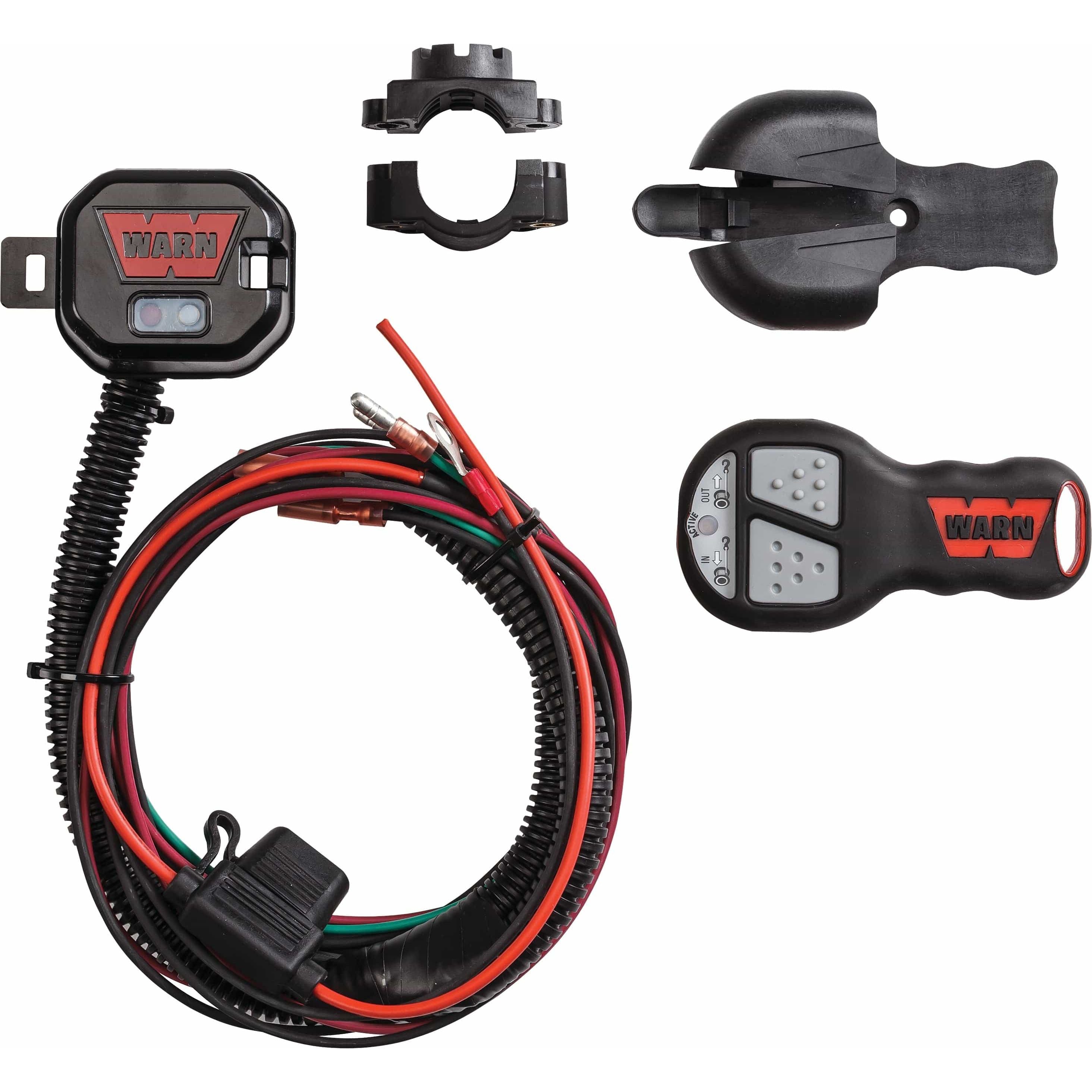 ATV / UTV Wireless Remote Control System by Warn, featuring a black wireless transmitter, wiring harness with connectors, and mounting accessories for WARN ProVantage/Vantage, all displayed on a white background.