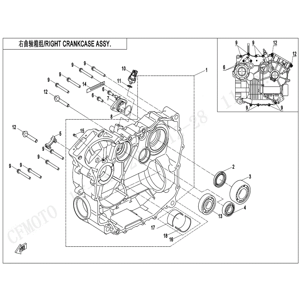 An Image of a genuine CFMOTO Parts Schematic Diagram showing the group - RIGHT CRANKCASE ASSY. - 2022 CFMOTO CFORCE 500