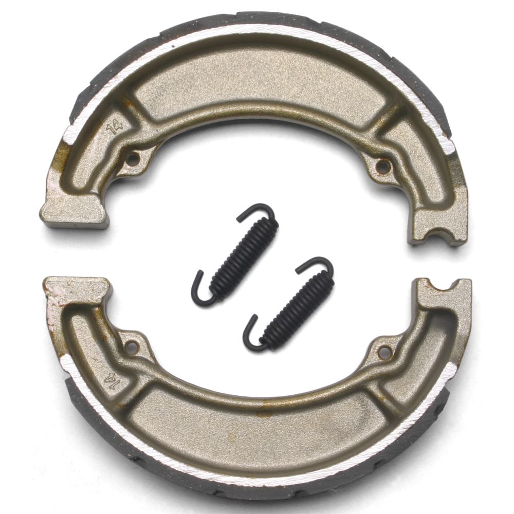Gray semi-circular metal brake shoes with grooved friction material and two black coiled springs.