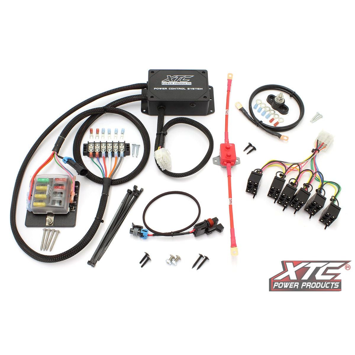 The Plug N Play Power Control 6 Switch Not Included Pol by XTC Power features components like a fuse block, control system, strobe rocker switch, wires, connectors, mounting hardware, and an XTC logo—all shown on a white background.