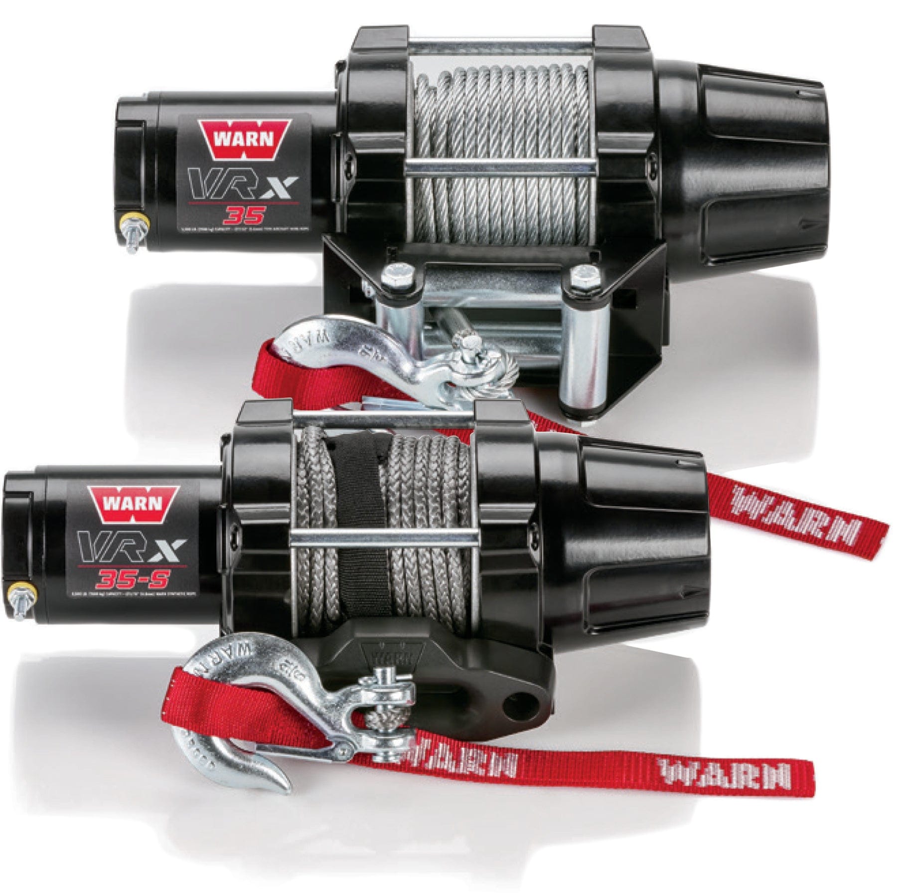 Two WARN 3500 lb. UTV/ATV VRX 35 Winches with wire rope, all-metal gear trains, and metal hooks featuring red WARN straps are placed side by side on a white background.