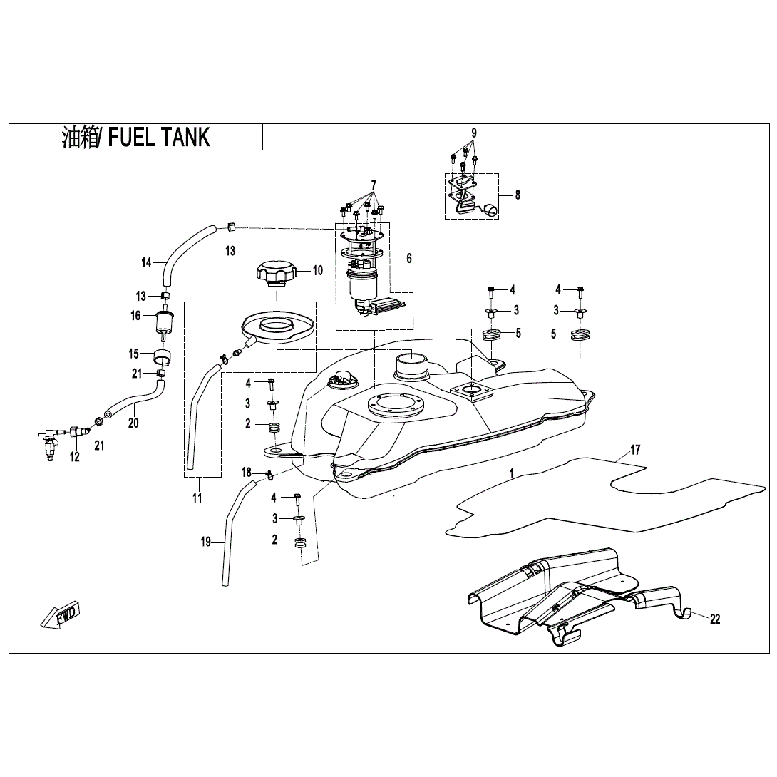 An Image of a genuine CFMOTO Parts Schematic Diagram showing the group - FUEL TANK - 2020 CFMOTO CFORCE 400