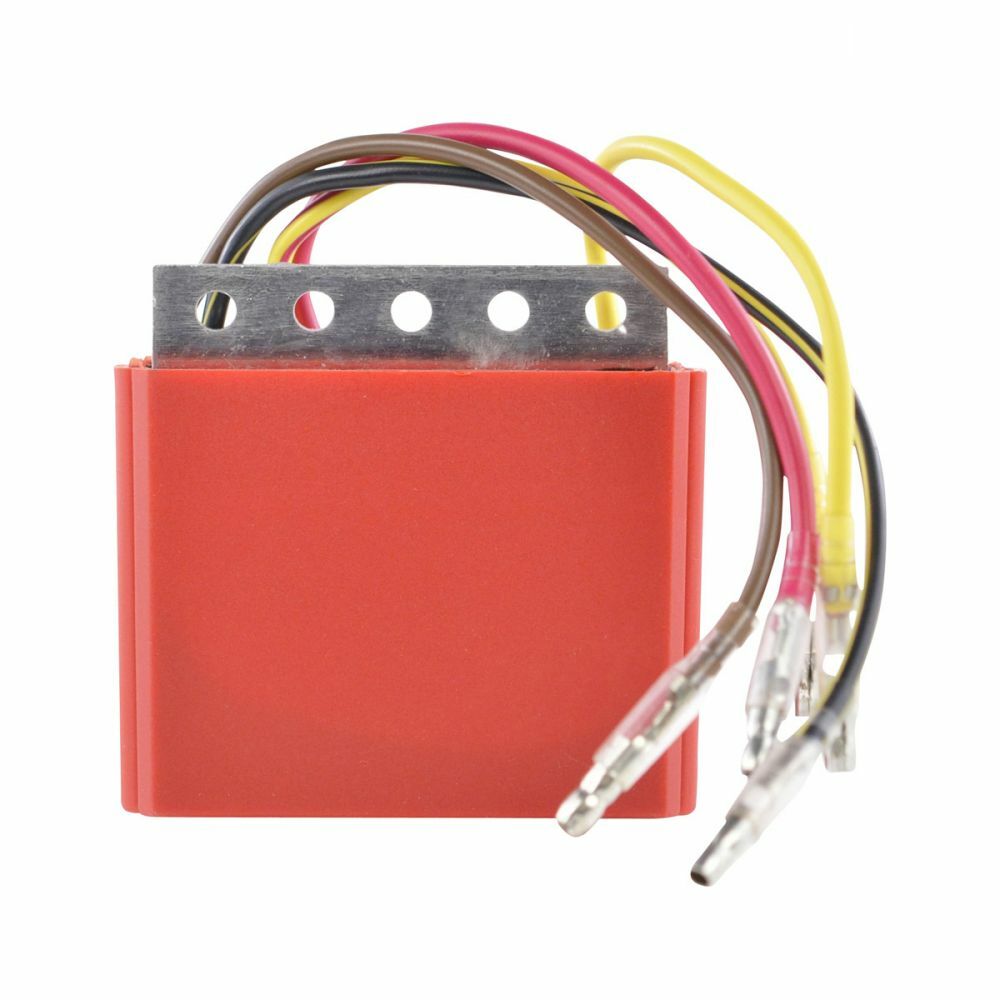 Rectangular red aluminum regulator with mounting bracket and four color-coded wires ending in metal connectors.