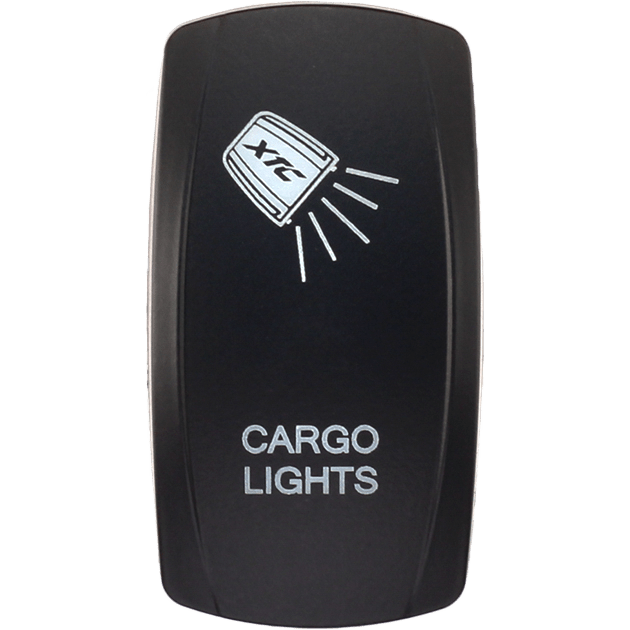 The Dash Switch Rocker Face Cargo Lights by XTC Power is a black rectangular switch with a light icon and CARGO LIGHTS printed in white below the icon.