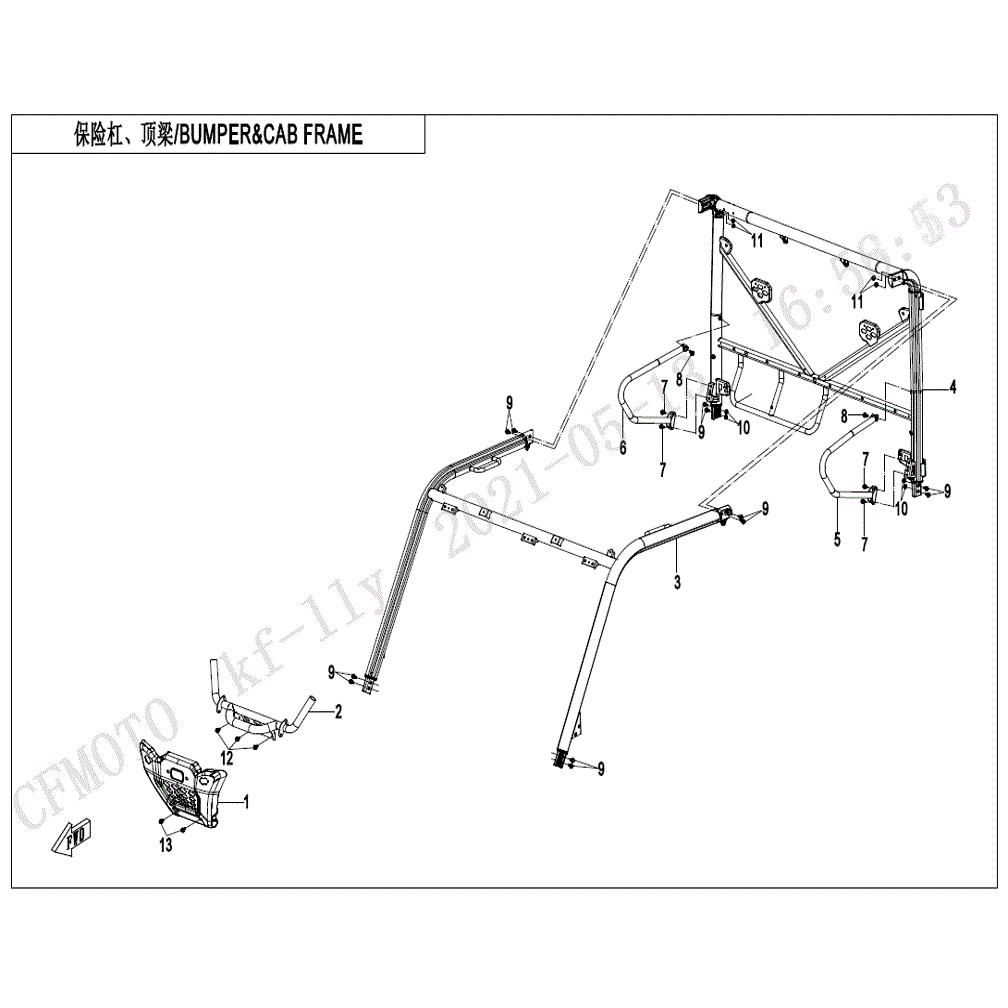 An Image of a Genuine CFMOTO Parts Schematic Diagram showing the schematic - BUMPER & CAB FRAME - 2021 CFMOTO UFORCE 600