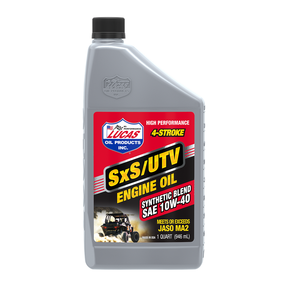 A gray 1-quart bottle of Lucas Oil SxS UTV/ATV Semi Synthetic Engine Oil 10W40 features JASO MA2 rating and a label with a red, yellow, white, and black racing off-road vehicle, designed for SXS and ATV 4-stroke engines.