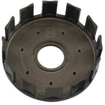 Black metal clutch basket with evenly spaced vertical fins and central circular opening, featuring subtle Rekluse logo.
