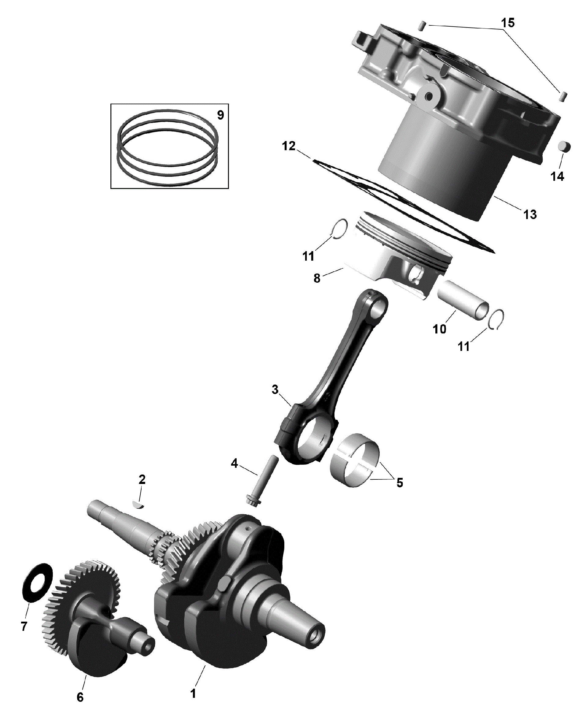 An Image of a Genuine Can-Am Parts Schematic Diagram showing the schematic - ROTAX - CRANKSHAFT PISTONS AND CYLINDER