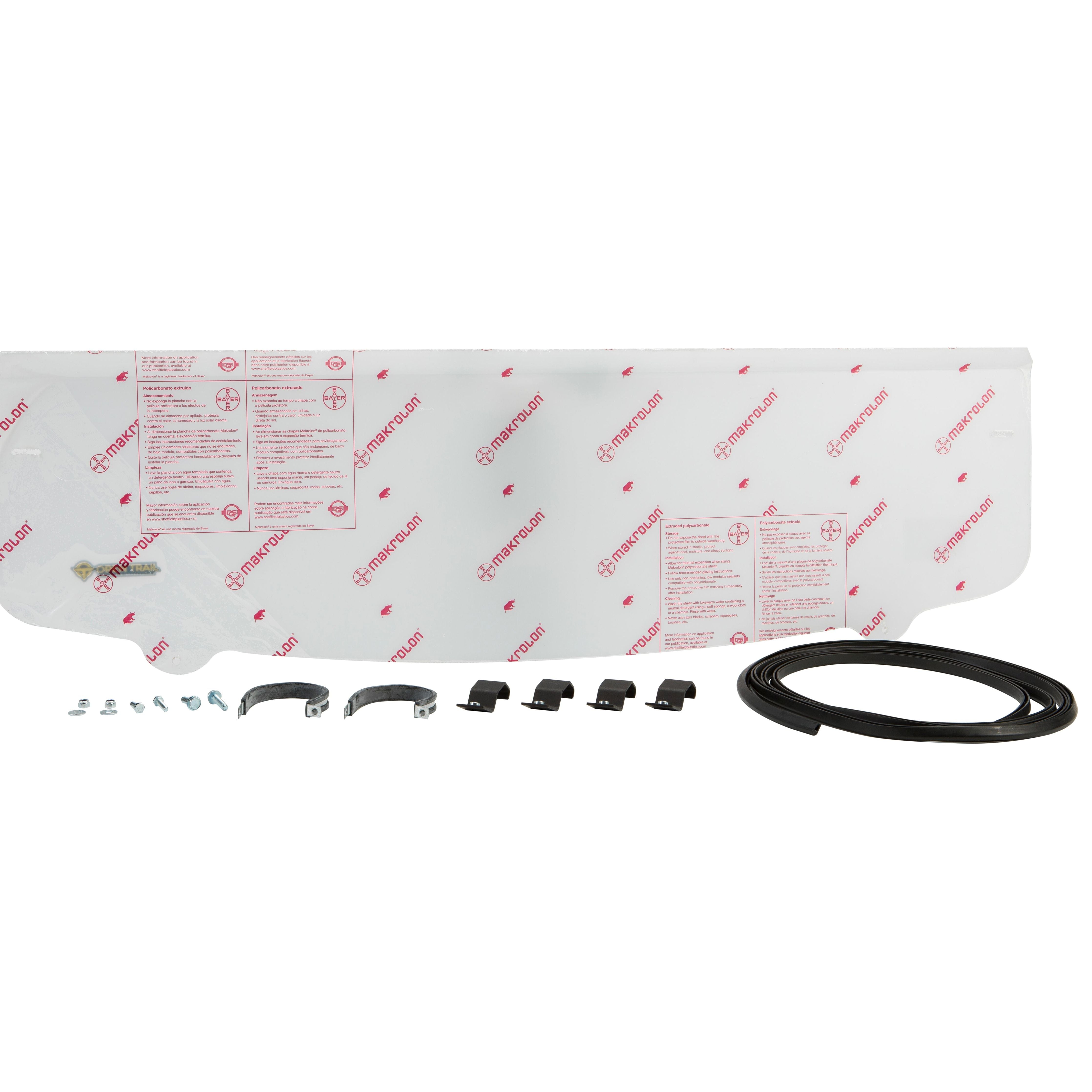 The Half Windshield by Open Trail is shown in clear Makrolon polycarbonate with metal clamps, screws, black brackets, and a flexible rubber seal arranged in front for high-strength protection.