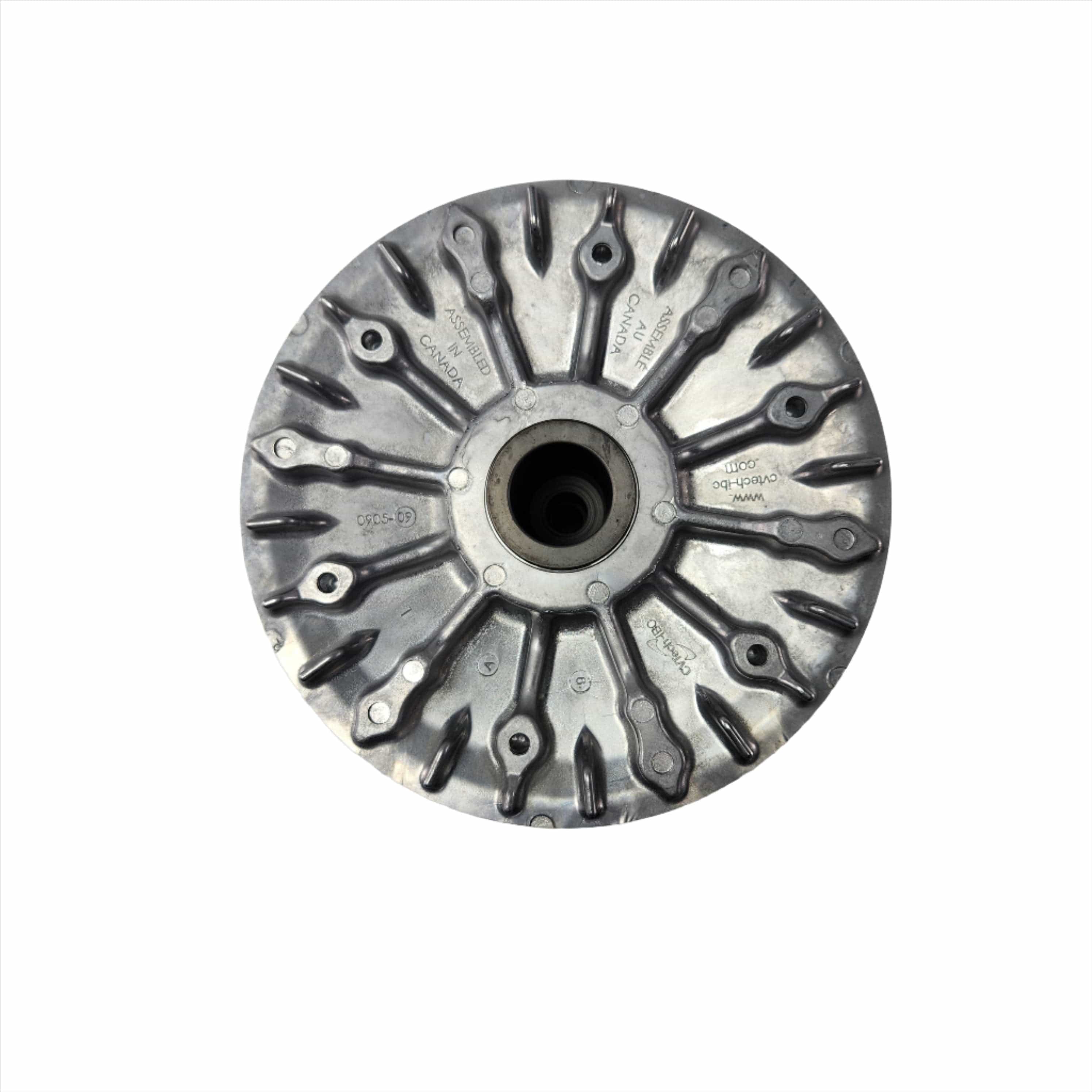 Circular metallic drive clutch with radial grooves and central hole, designed for offroad vehicles.