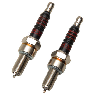 Two silver metal spark plugs with black and red insulators and threaded ends.