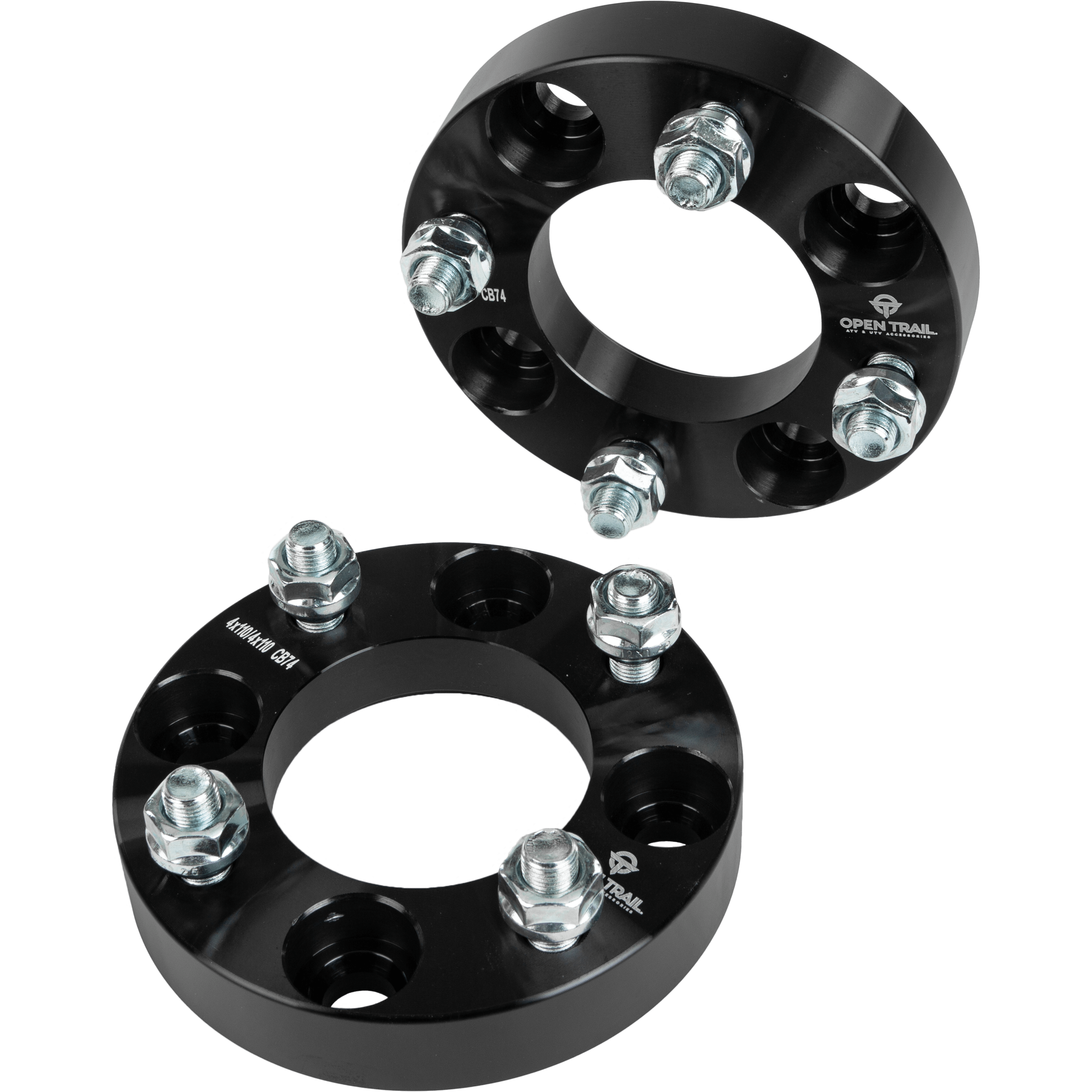 Two black aluminum Wheel Spacer 1 4/110 Stud: 12Mm X 1.25Mm by Open Trail units with five lug nuts each are shown at different angles, designed for automotive wheel attachment—ideal for fitting wider tires.