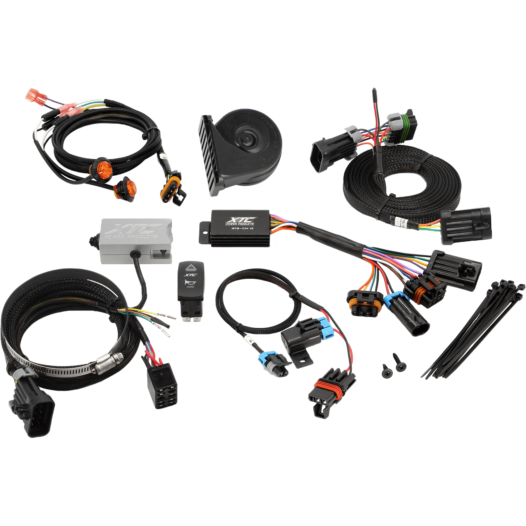 The Auto Turn Signal Kit w/Billet Column Lever by XTC Power includes automotive wiring harnesses, connectors, a black horn, zip ties, switches, and screws for a sleek and organized electrical installation.
