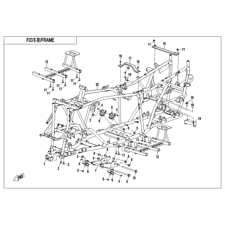 An Image of a genuine CFMOTO Parts Schematic Diagram showing the group - FRAME - 2018 CFMOTO CFORCE 500 HO