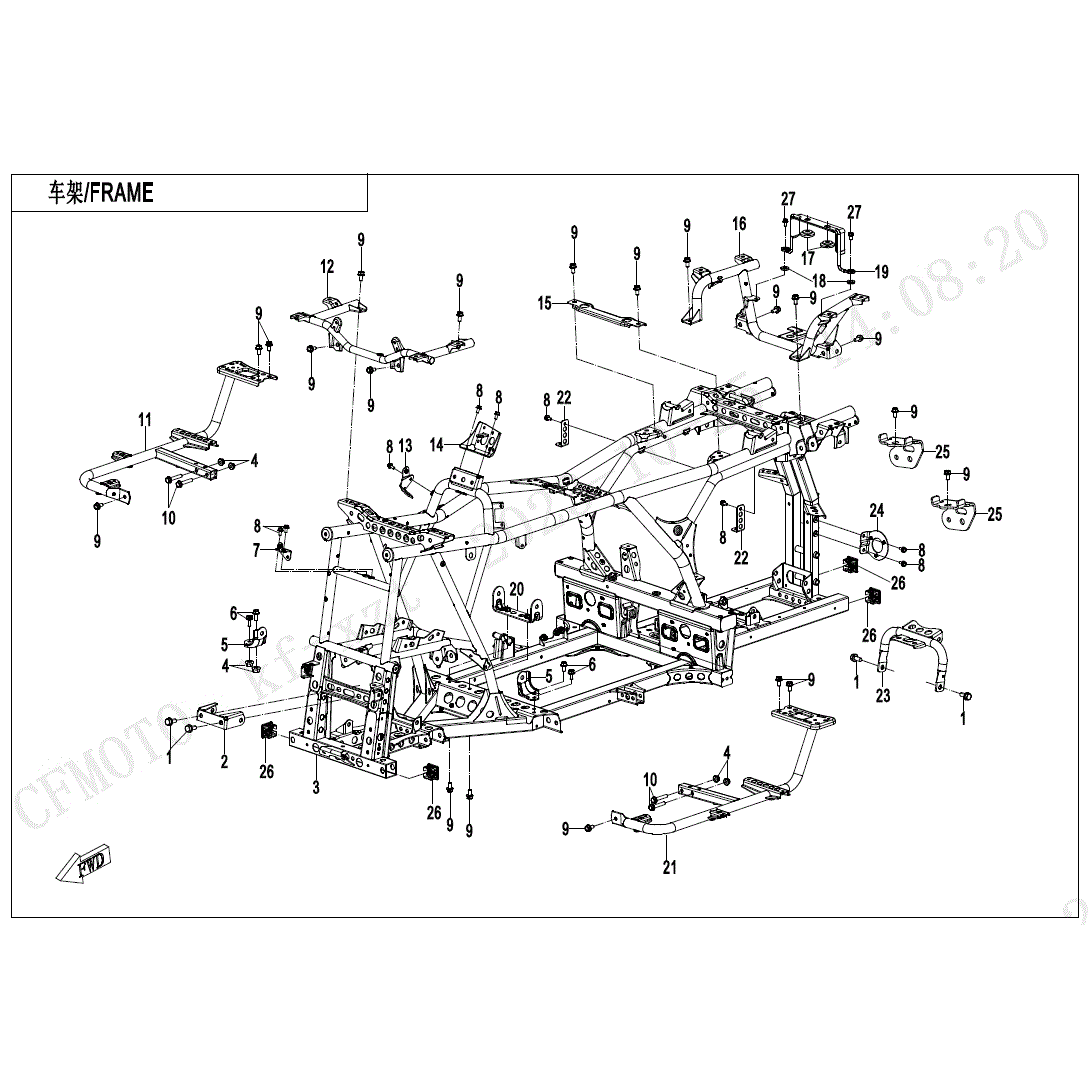 An Image of a genuine CFMOTO Parts Schematic Diagram showing the group - FRAME - 2024 CFMOTO CFORCE 1000 TOURING