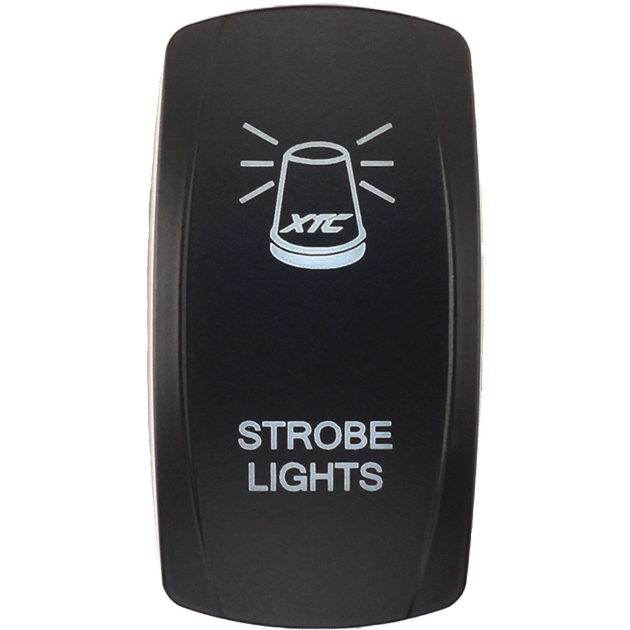 A black Dash Switch Rocker Face Strobe Light by XTC Power featuring a flashing strobe light icon and “STROBE LIGHTS” printed in white below the icon.