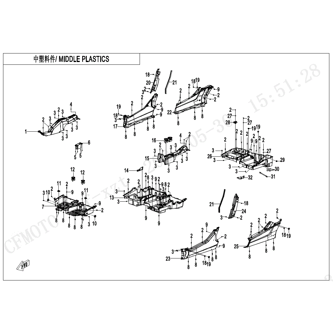 Exploded diagram labeled MIDDLE PLASTICS features the RH Upper Panel by CF Moto for ATV off-road vehicles, with each part and screw numbered and annotated in Chinese and English. Discover more at Witchdoctors.com.