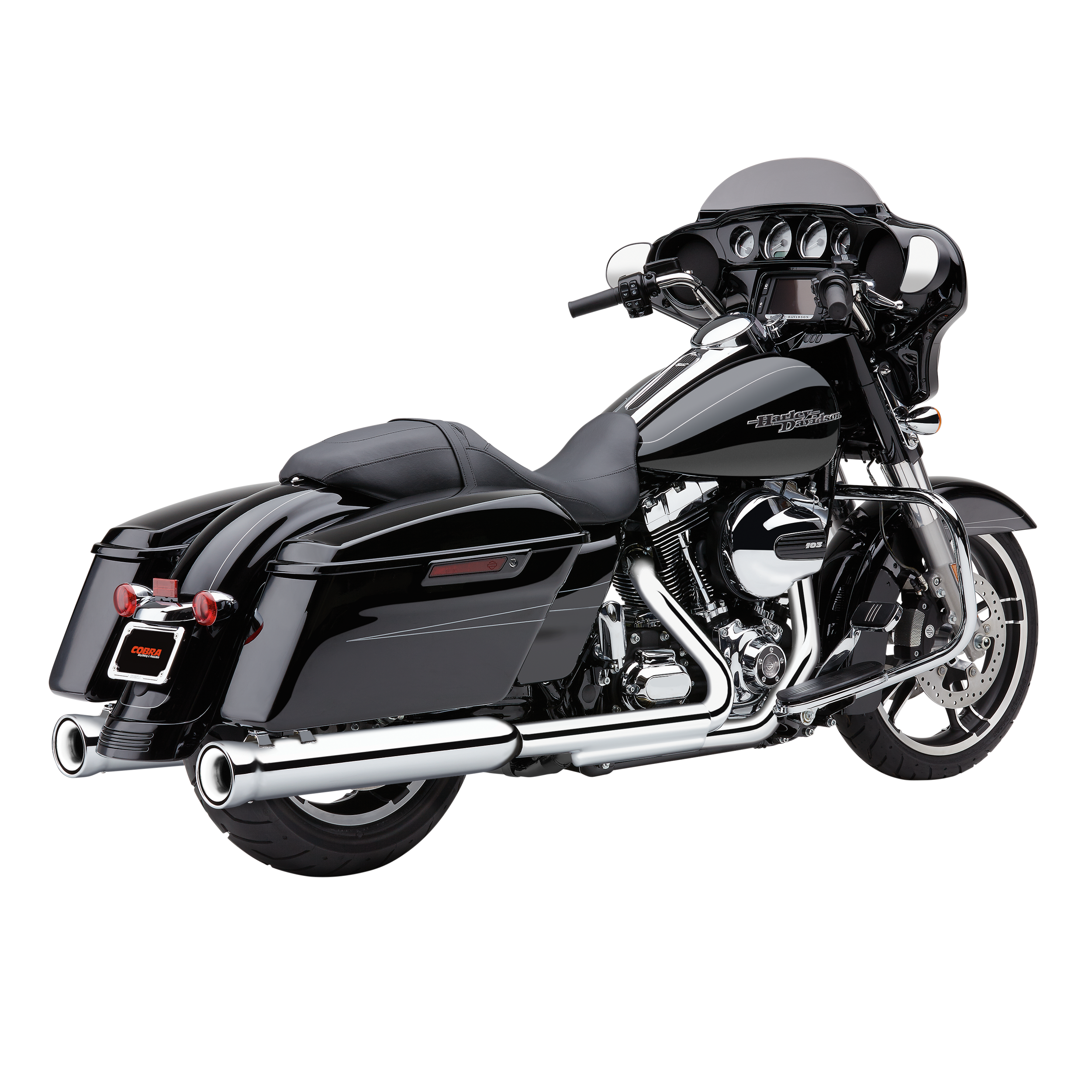 A black touring motorcycle with leather saddlebags, a front fairing, and Cobra’s 4" Neighbor Hater Slip-On Exhaust in chrome, viewed from the rear left side.