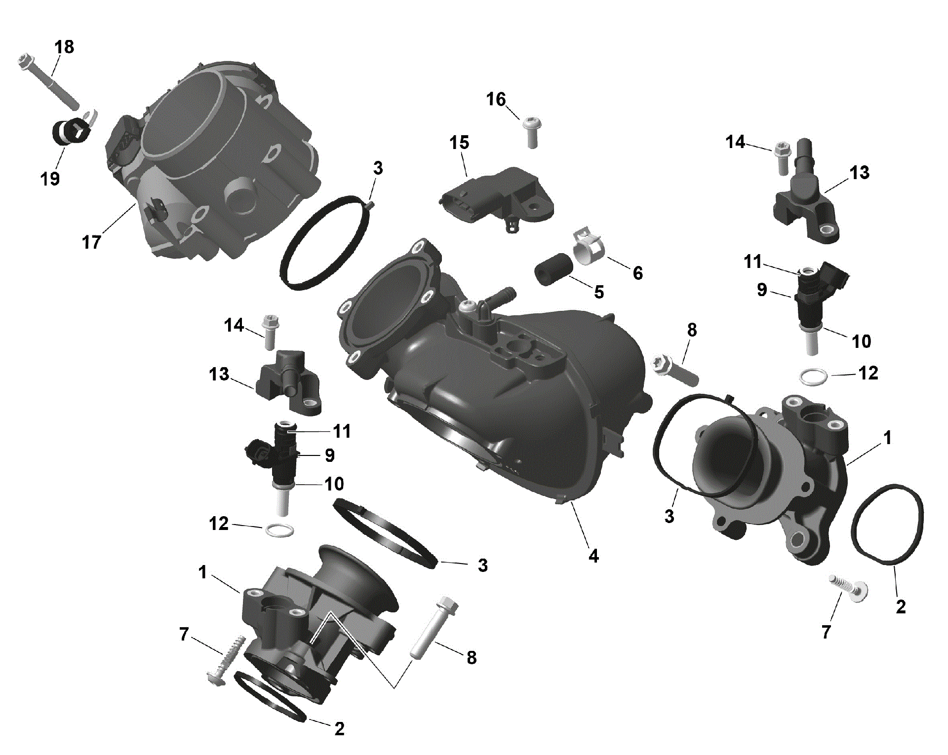 An Image of a Genuine Can-Am Parts Schematic Diagram showing the schematic - ROTAX - AIR INTAKE MANIFOLD AND THROTTLE BODY