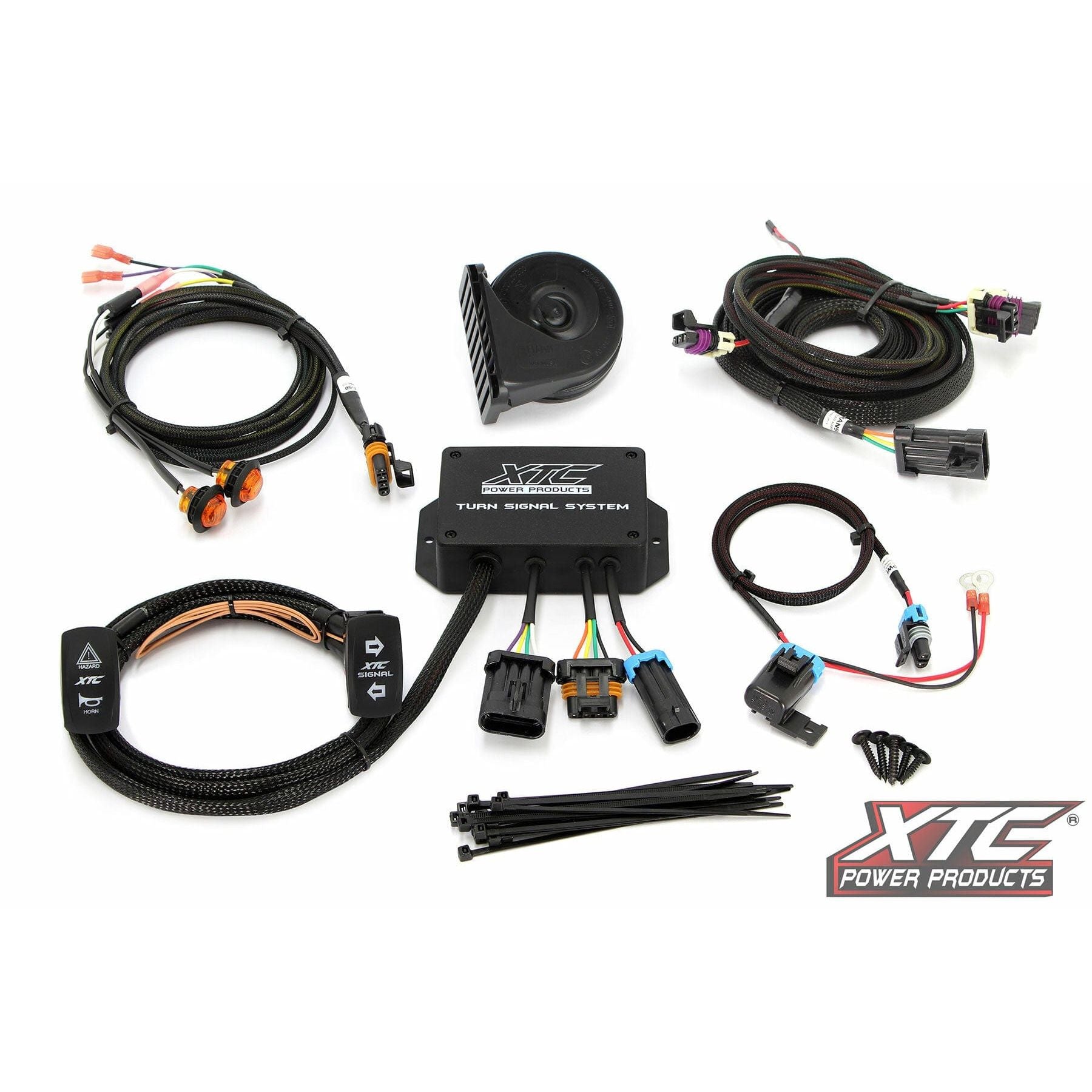 The Standard Turn Signal Kit Pol by XTC Power includes harnesses, connectors, switches, a horn, zip ties, and a central control box with an option to use brake lights as turn signals; shown on white with the XTC logo in the corner.