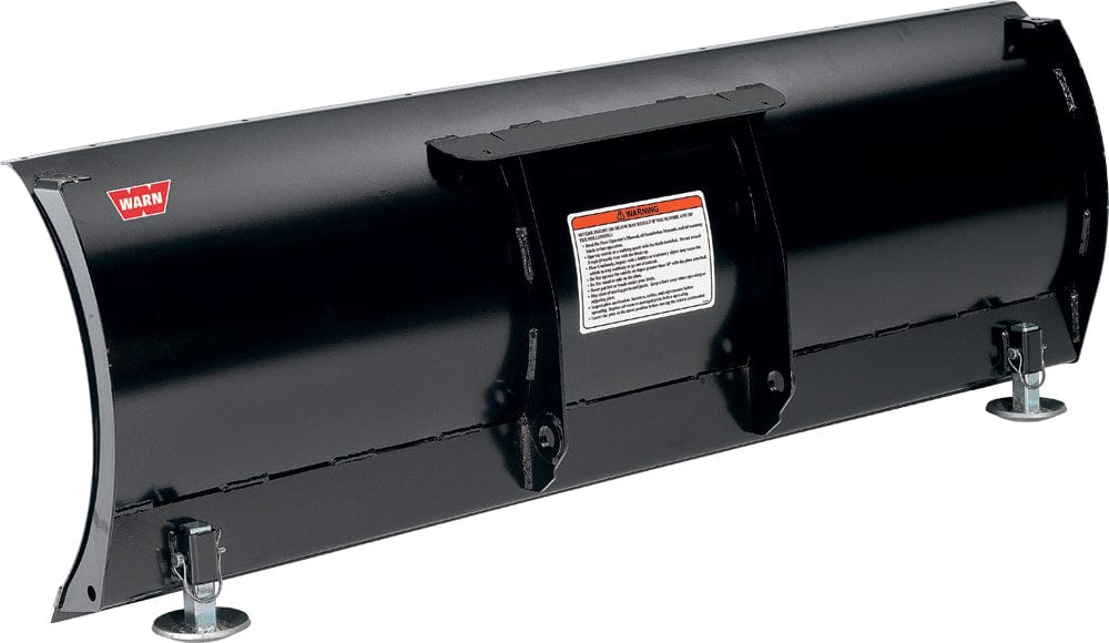 A black metal Snow Plow Heavy Duty Skid Kit by Warn, featuring the Warn logo on the left, mounting brackets at the bottom, a warning label in the center, and a curved blade, shown against a white background.