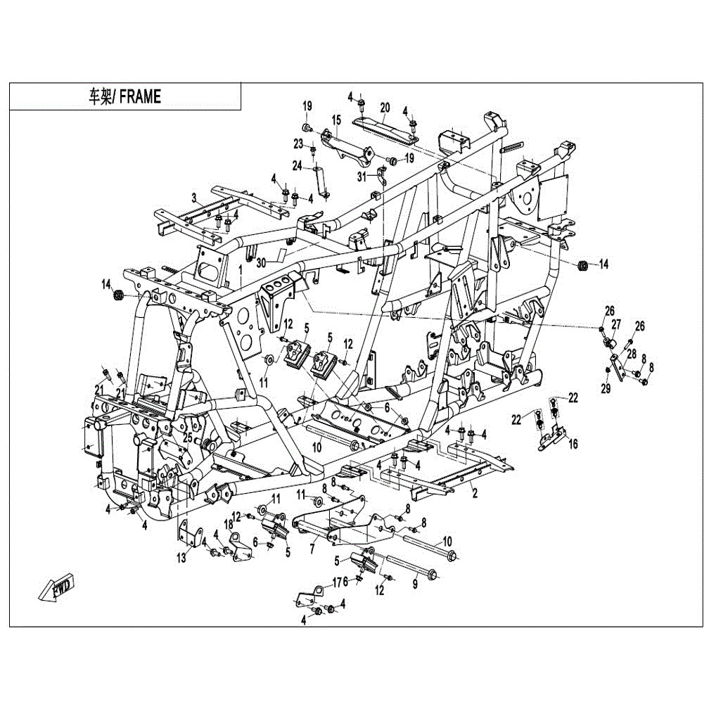 An Image of a genuine CFMOTO Parts Schematic Diagram showing the group - FRAME - 2021 CFMOTO CFORCE 400