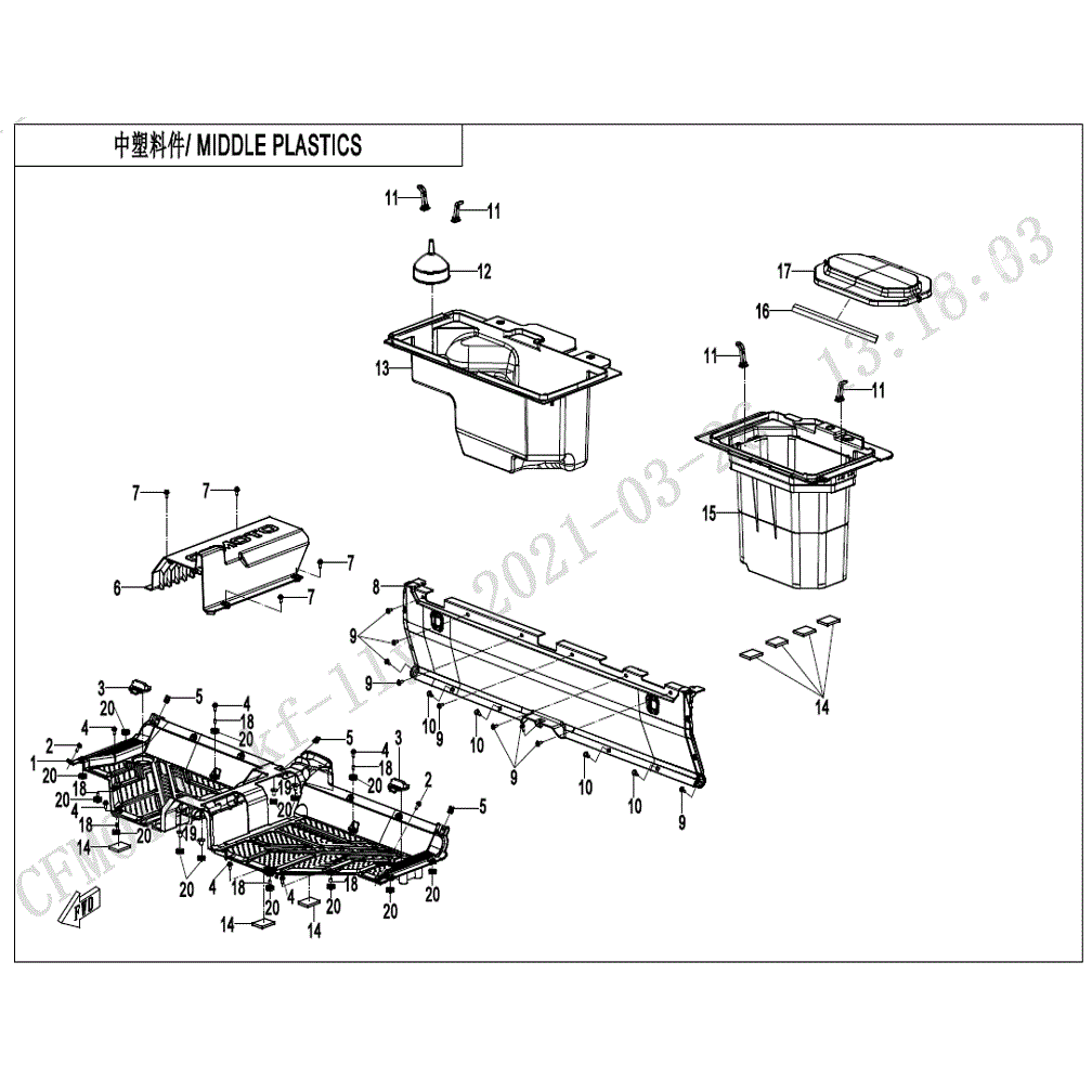 An Image of a Genuine CFMOTO Parts Schematic Diagram showing the schematic - MIDDLE PLASTICS(3) - 2022 CFMOTO UFORCE 600