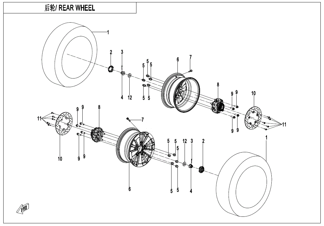Exploded diagram showing the rear wheel assembly with labeled parts—wheels, axles, spacers, bearings, gears, and hardware. Find genuine Tire by CF Moto and other OEM parts for your UTV & ATV at Witchdoctors.com.