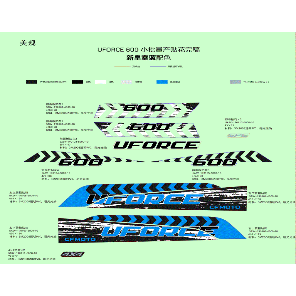 An Image of a Genuine CFMOTO Parts Schematic Diagram showing the schematic - DECAL KITS (NEW ROYAL BLUE) - 2021 CFMOTO UFORCE 600