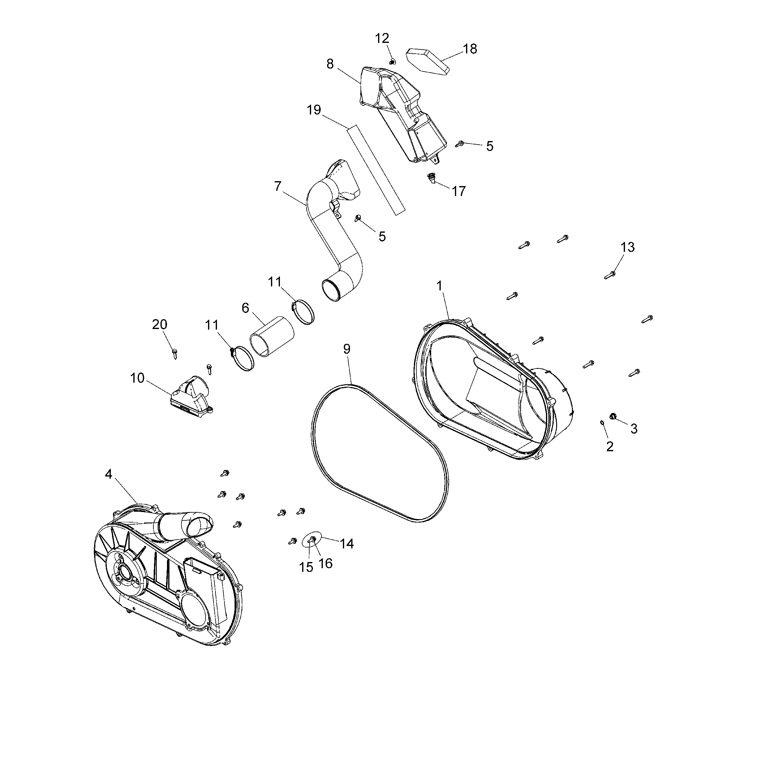 An Image of a Genuine Polaris Parts Schematic Diagram showing the schematic - DRIVE TRAIN: CLUTCH COVER AND DUCTING - 2015 POLARIS SPORTSMAN ACE 570 EFI