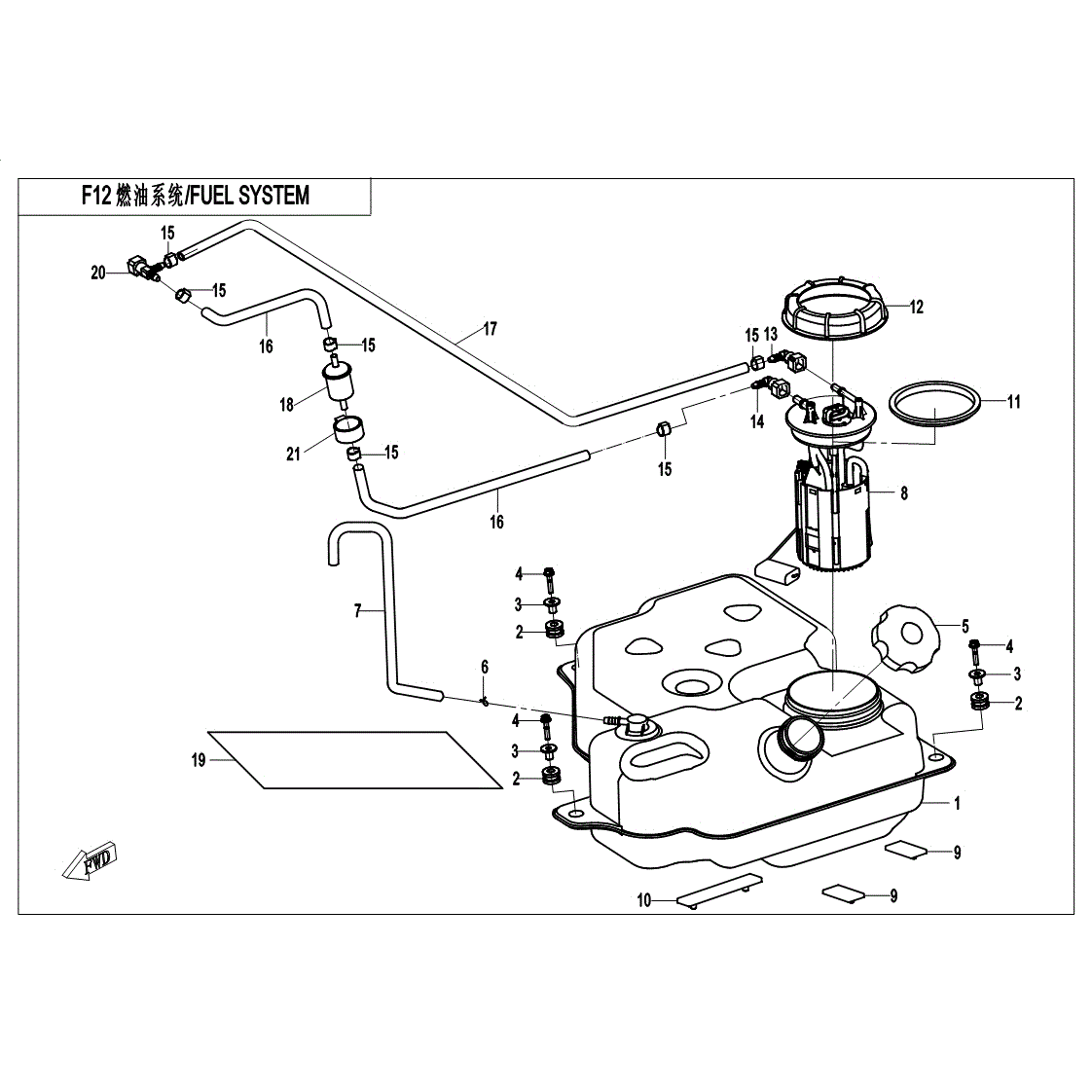 An Image of a Genuine CFMOTO Parts Schematic Diagram showing the schematic - FUEL SYSTEM - 2017 CFMOTO ZFORCE 500