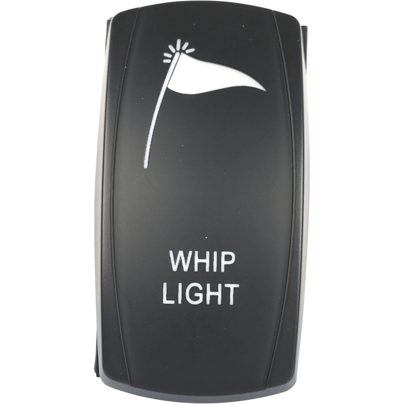 The Whip Lighting Led Switch Pro Backlit by Open Trail is a black rocker switch with a white flag icon, WHIP LIGHT label, and dual LEDs for enhanced visibility.
