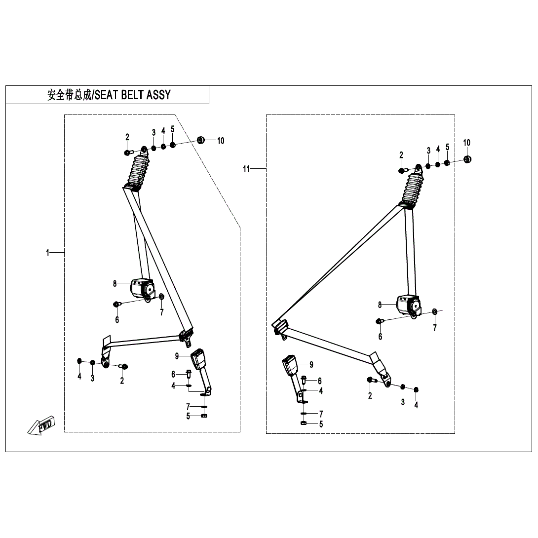 Technical diagram of the Rear Row Passenger Buckle Assembly by CF Moto, showing labeled parts like retractor, belt, buckle, and hardware. Left and right assemblies with numbered components—ideal for finding authentic parts at Witchdoctors.com.