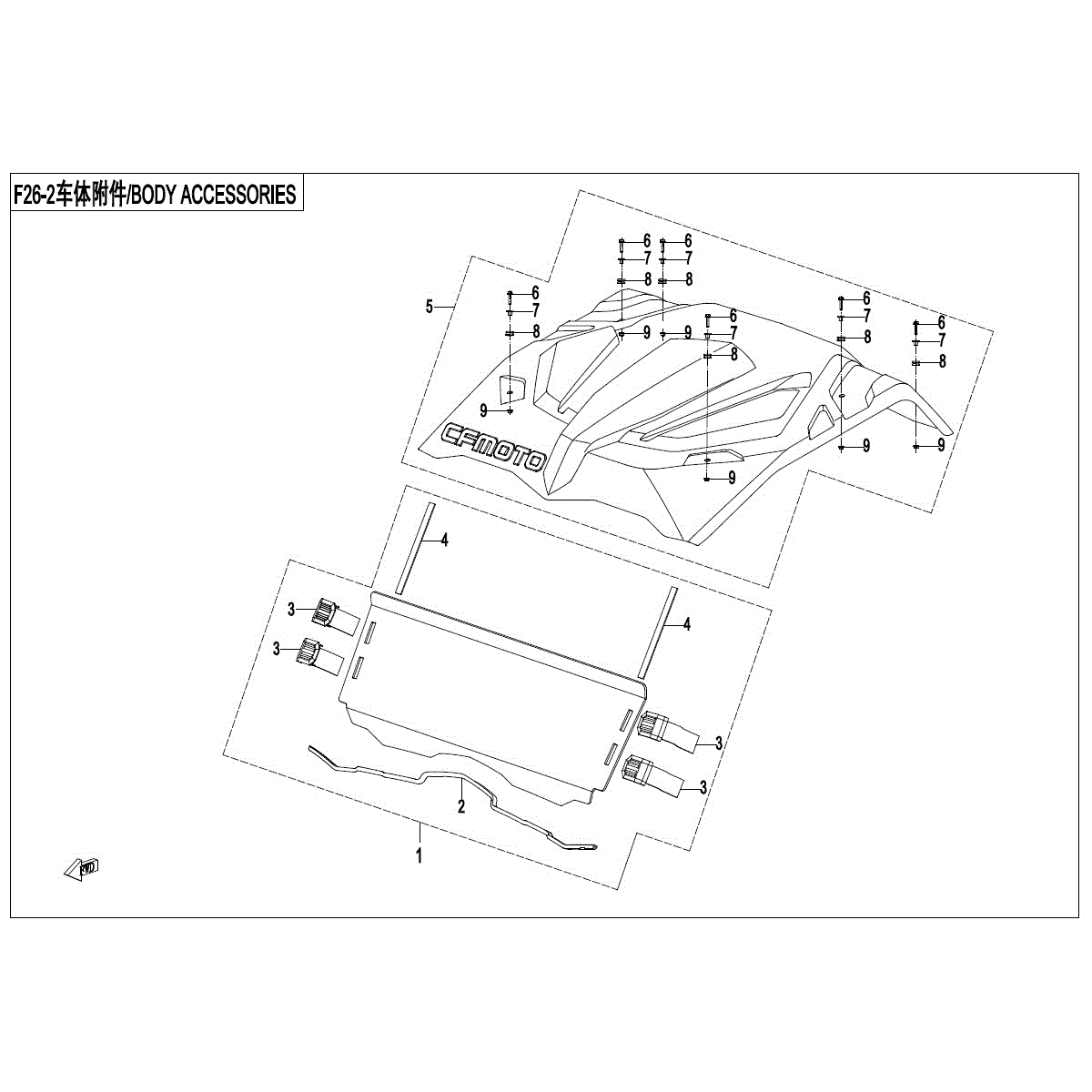 An Image of a Genuine CFMOTO Parts Schematic Diagram showing the schematic - TOP ROOF & WINDSHIELD KITS - 2017 CFMOTO ZFORCE 800 EX