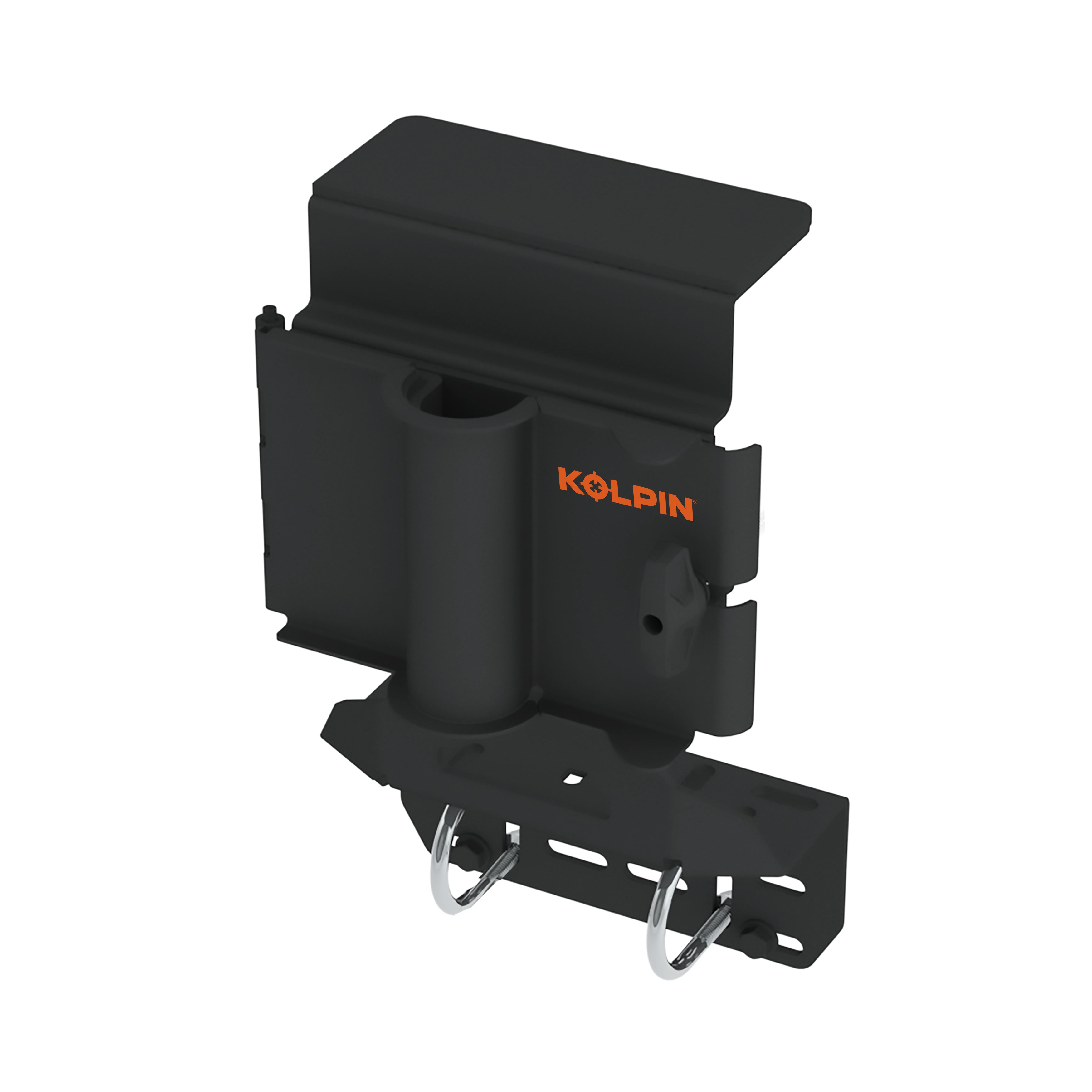 The Chain Saw Press W/ Tool Clamp UTV by Kolpin is a black metal mount with an orange logo, featuring a cylindrical holder and slots for secure vehicle installation—ideal as a heavy-duty chainsaw holder or ATV chainsaw bracket.