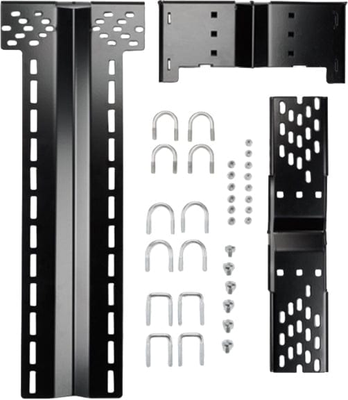 The Universal Snow Plow Mount Kit by Warn includes black metal brackets, U-bolts, screws, and nuts. Its rugged steel construction and multiple holes allow for adjustable installation on most ATV vehicles.