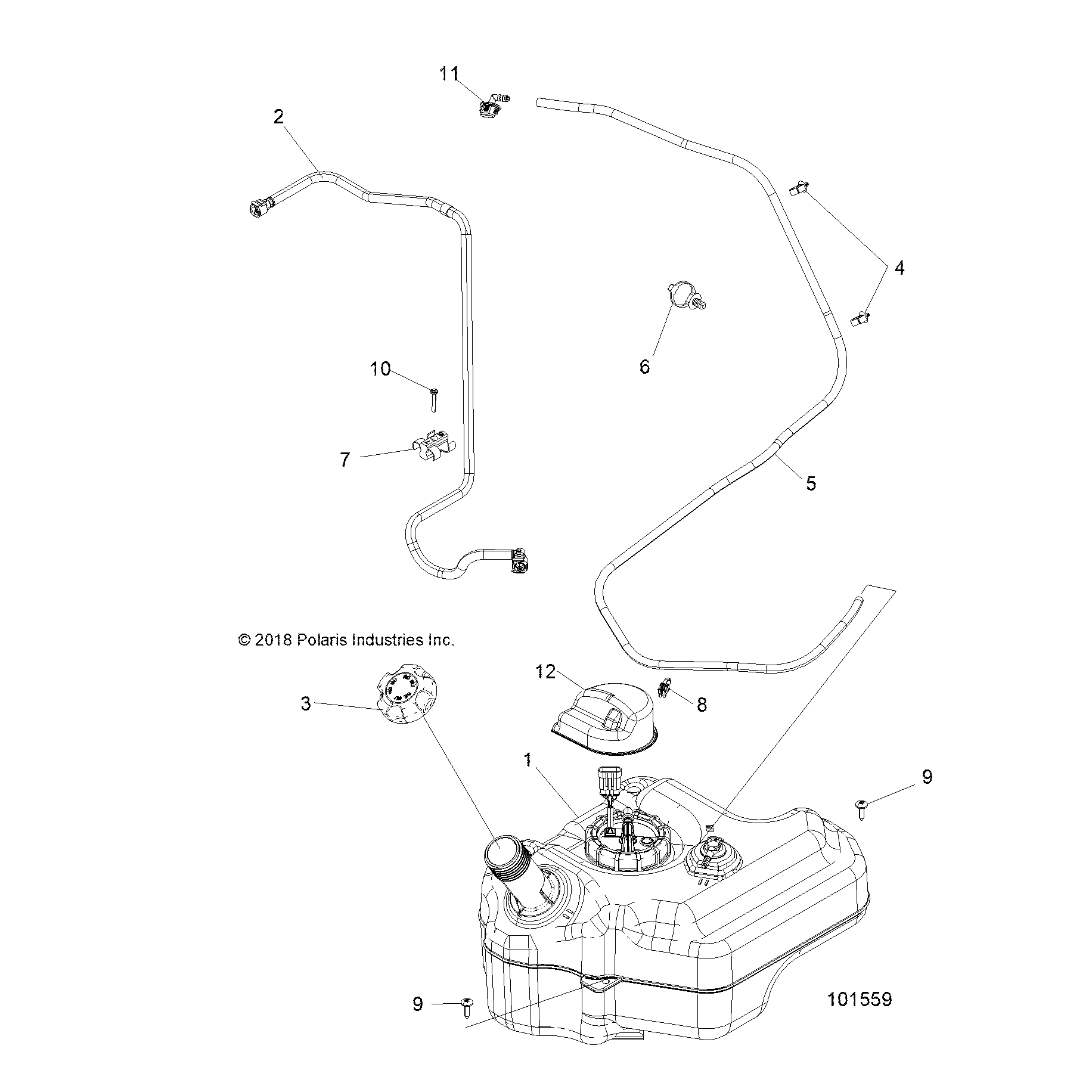An Image of a Genuine Polaris Parts Schematic Diagram showing the schematic - BODY: FUEL TANK - 2019 POLARIS ACE 900 EPS XC