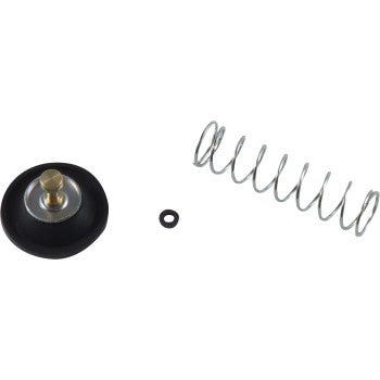 Three mechanical parts on a white background: Suzuki Air Cut Off Valve Kit by Shindy, featuring a round diaphragm with brass bolt, black O-ring, and metal spring—designed for carburetor air cut-off valves.